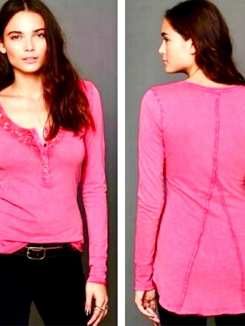 Free People Long-Sleeve Button Henley in Bright Pink